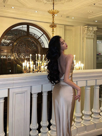 Sheath Spaghetti Straps Champagne Prom Dresses Birthday Outfits Evening Gown SD931